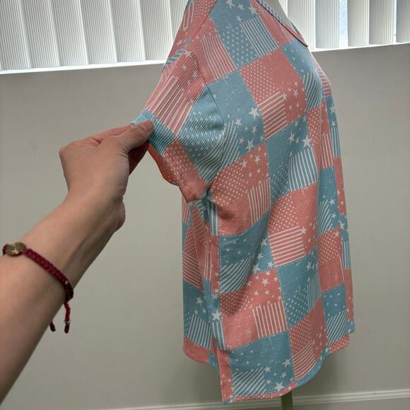 HOPELY Women's Flag Print Color Block Waffle Knit Blouse Small NWT - Picture 2 of 5